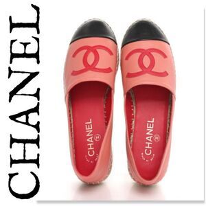 CHANEL Lambskin CC Espadrilles 37 Pink Red Black W/ Dustbag PRISTINE CONDITION